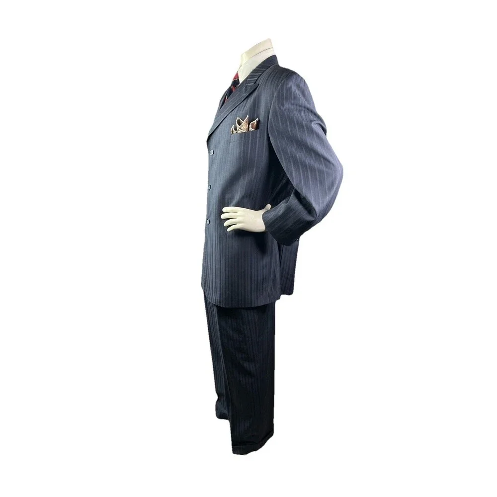 VERSINI European Men Suit 46R 40x31 Navy Striped 100% Wool Jacket Pants Set
